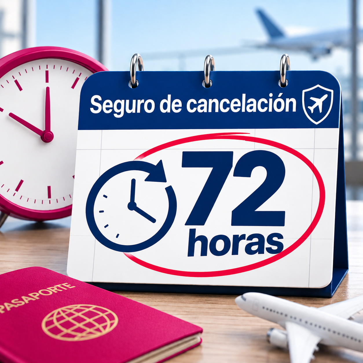 Reloj o calendario marcando 72 horas para seguro de viaje