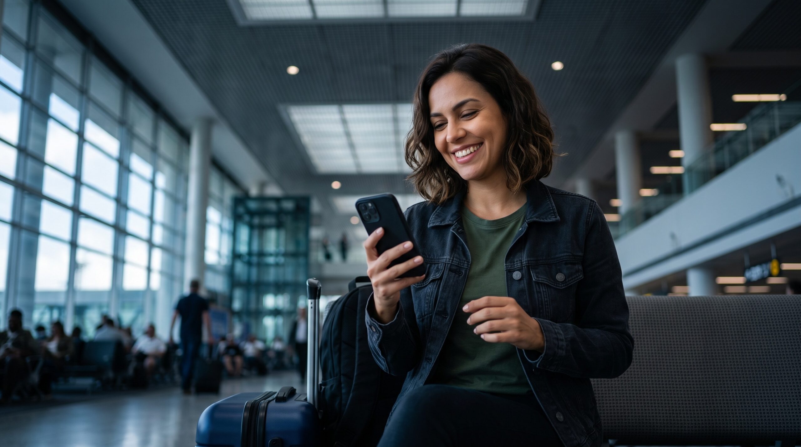 Viajero revisando el celular conectado a internet en el aeropuerto.