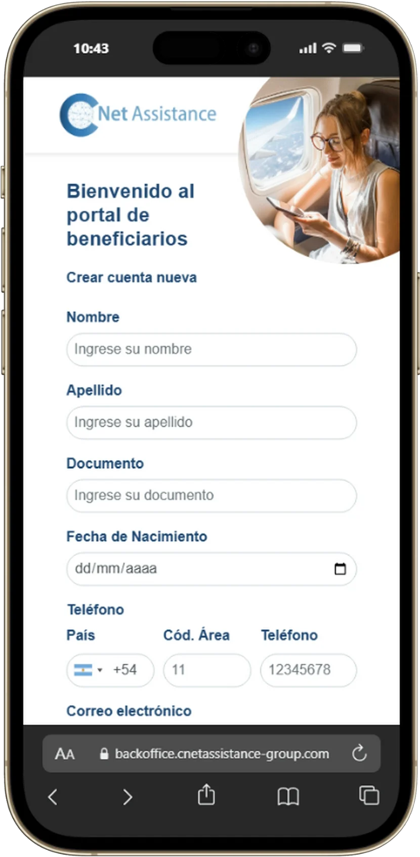 Pantalla de creación de cuenta del Portal de Beneficiarios de Assisto vista desde un celular.